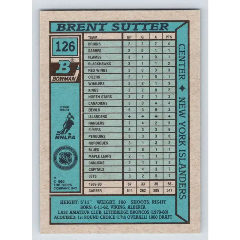 1990-91 Bowman #126 Brent Sutter NM-MT New York Islanders Hockey Card - Hockey Card Single