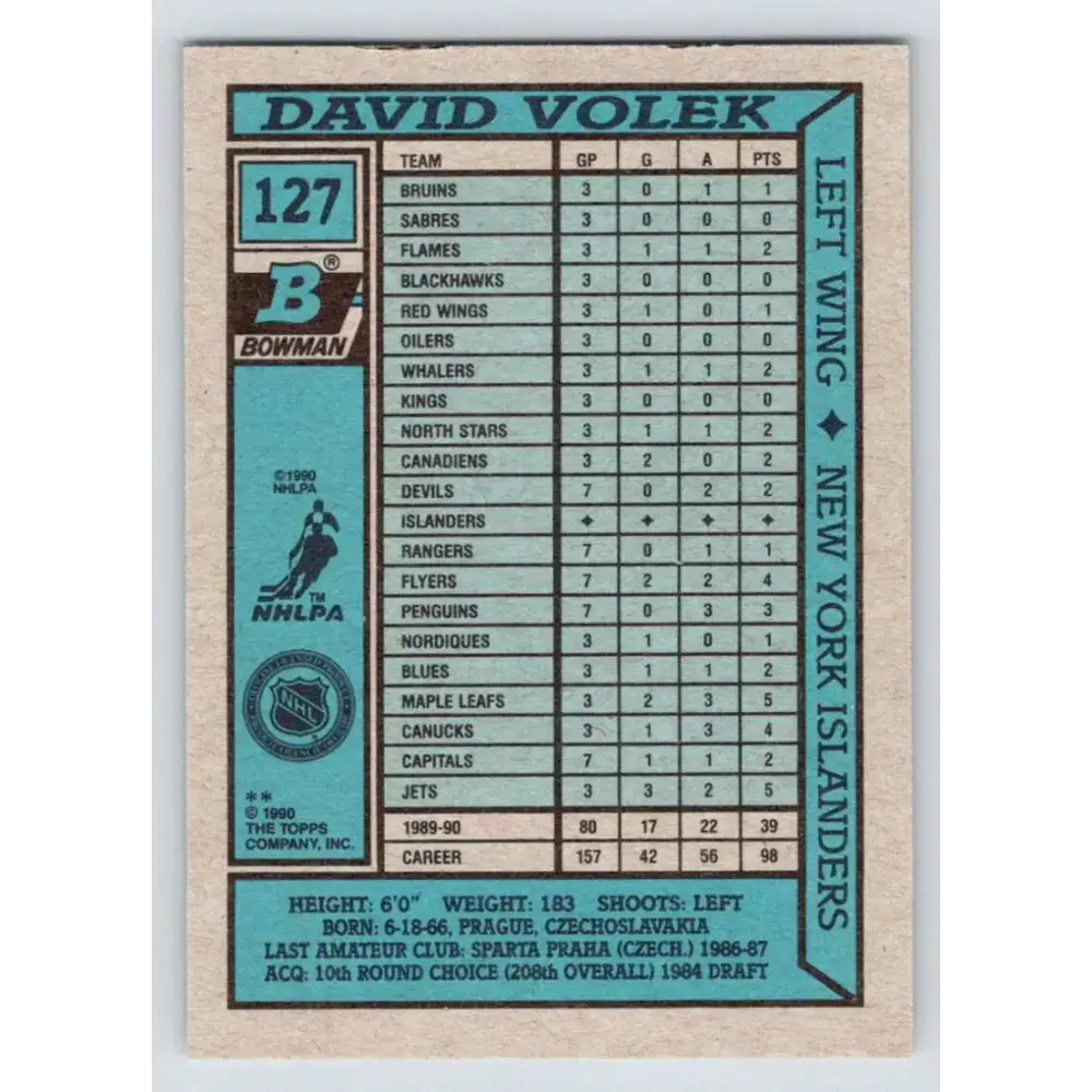 1990-91 Bowman #127 David Volek NM-MT New York Islanders Hockey Card - Hockey Card Single