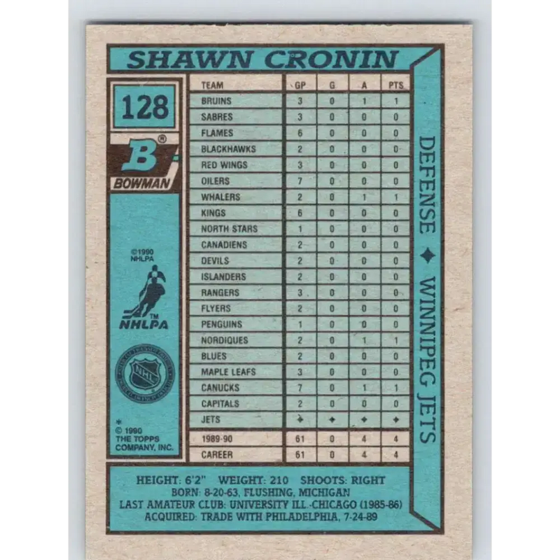 1990-91 Bowman #128 Shawn Cronin NM-MT RC Rookie Winnipeg Jets Hockey Card - Hockey Card Single