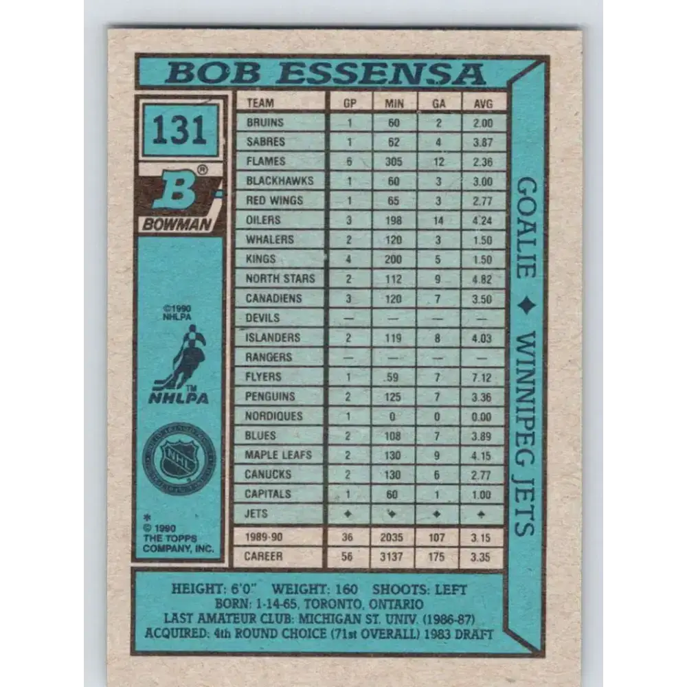 1990-91 Bowman #131 Bob Essensa NM-MT RC Rookie Winnipeg Jets Hockey Card - Hockey Card Single