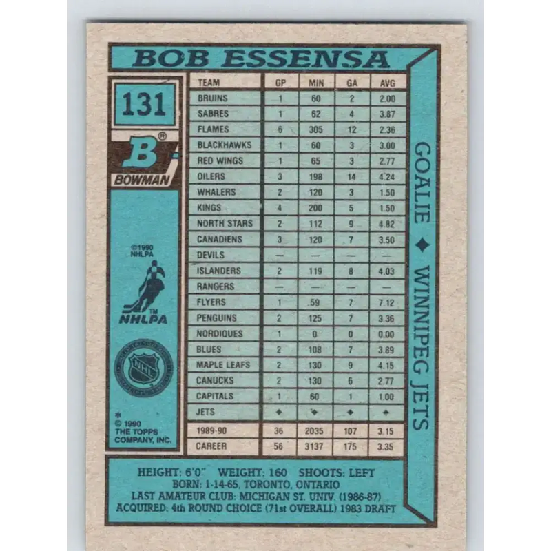 1990-91 Bowman #131 Bob Essensa NM-MT RC Rookie Winnipeg Jets Hockey Card - Hockey Card Single