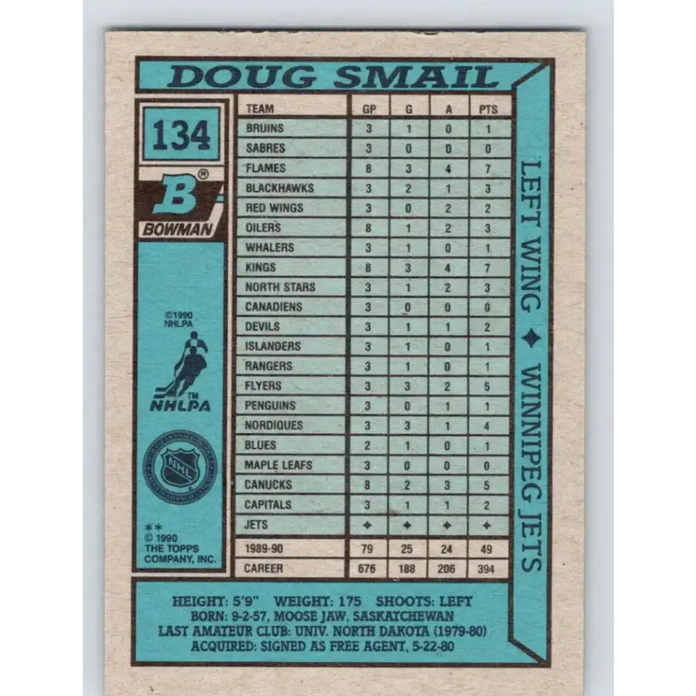 1990-91 Bowman #134 Doug Smail NM-MT Winnipeg Jets Hockey Card - Hockey Card Single