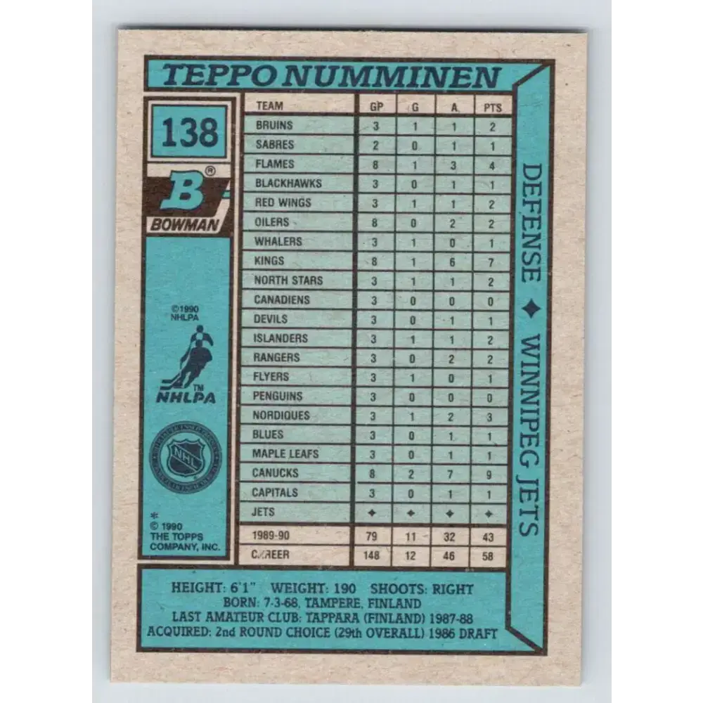 1990-91 Bowman #138 Teppo Numminen NM-MT RC Rookie Winnipeg Jets Hockey Card - Hockey Card Single
