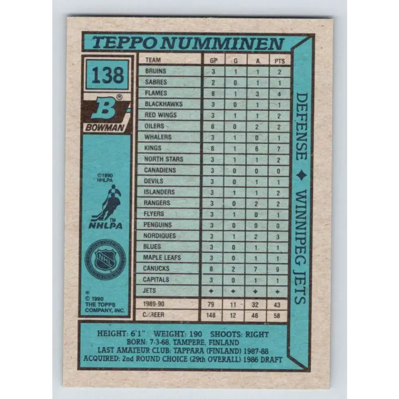 1990-91 Bowman #138 Teppo Numminen NM-MT RC Rookie Winnipeg Jets Hockey Card - Hockey Card Single