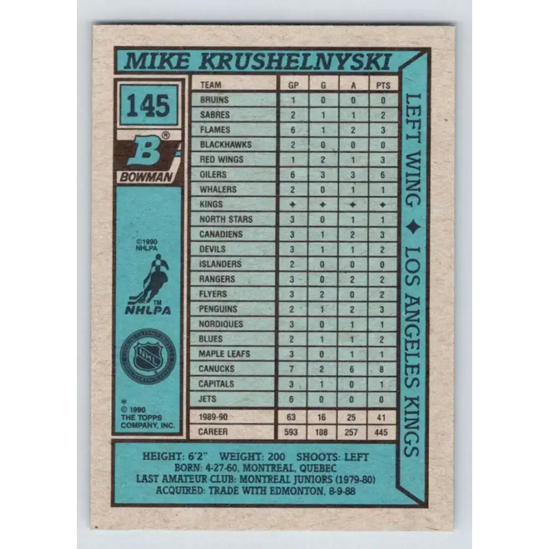 1990-91 Bowman #145 Mike Krushelnyski NM-MT Los Angeles Kings Hockey Card - Hockey Card Single