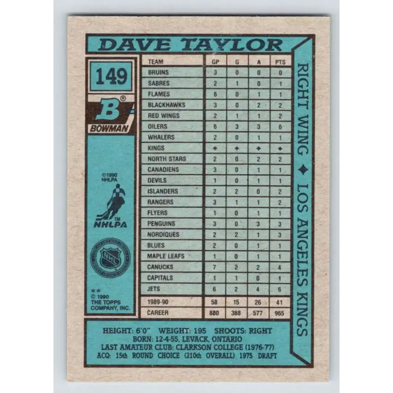 1990-91 Bowman #149 Dave Taylor NM-MT Los Angeles Kings Hockey Card - Hockey Card Single