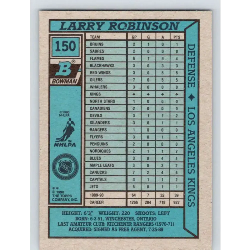 1990-91 Bowman #150 Larry Robinson NM-MT Los Angeles Kings Hockey Card