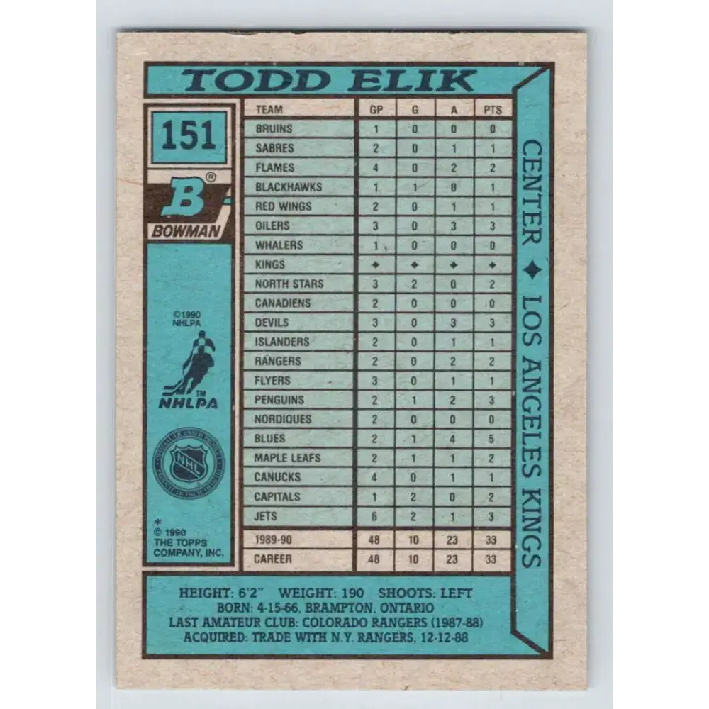 1990-91 Bowman #151 Todd Elik NM-MT RC Rookie Los Angeles Kings Hockey Card - Hockey Card Single