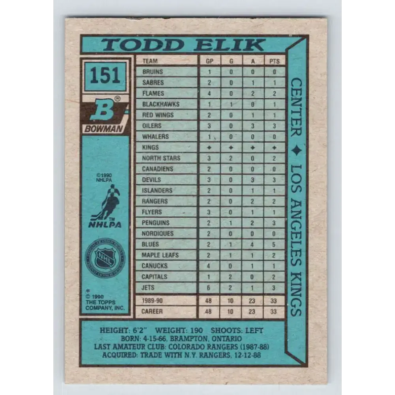 1990-91 Bowman #151 Todd Elik NM-MT RC Rookie Los Angeles Kings Hockey Card - Hockey Card Single