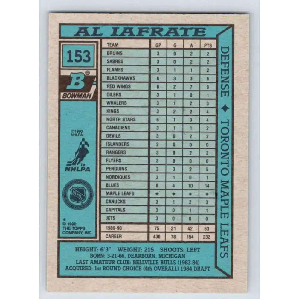 1990-91 Bowman #153 Al Iafrate NM-MT Toronto Maple Leafs Hockey Card - Hockey Card Single