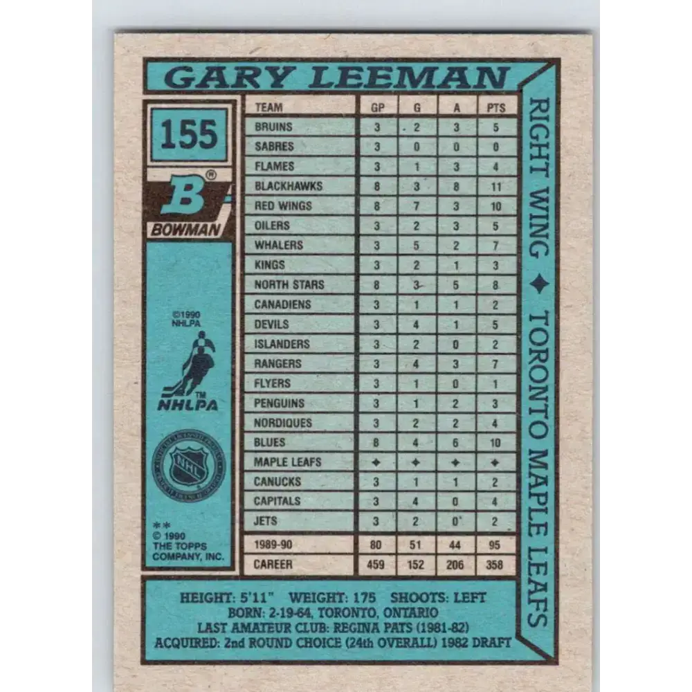 1990-91 Bowman #155 Gary Leeman NM-MT Toronto Maple Leafs Hockey Card - Hockey Card Single