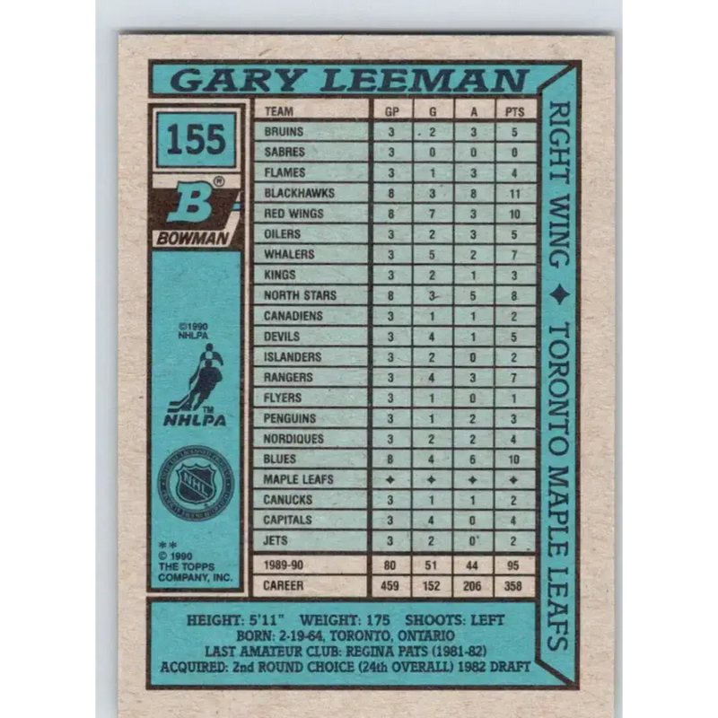 1990-91 Bowman #155 Gary Leeman NM-MT Toronto Maple Leafs Hockey Card - Hockey Card Single