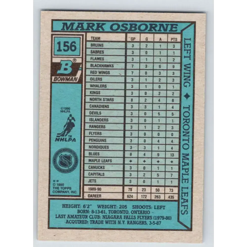 1990-91 Bowman #156 Mark Osborne NM-MT Toronto Maple Leafs Hockey Card - Hockey Card Single