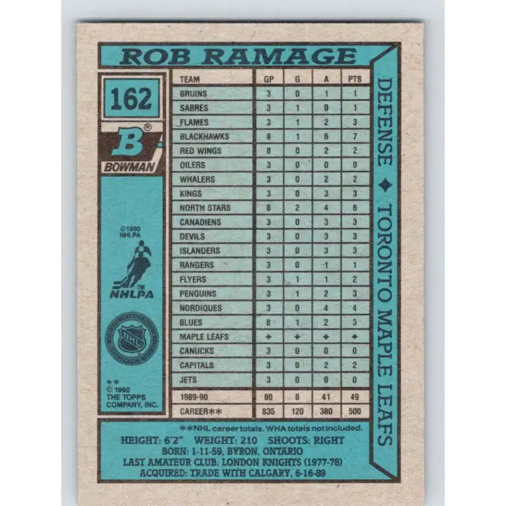 1990-91 Bowman #162 Rob Ramage NM-MT Toronto Maple Leafs Hockey Card - Hockey Card Single