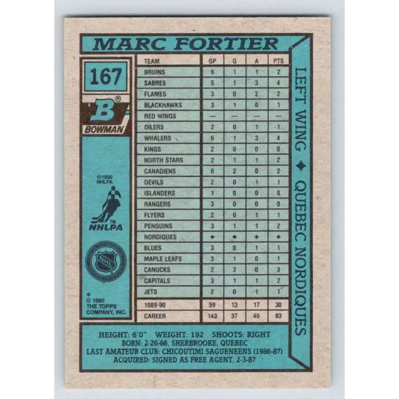 1990-91 Bowman #167 Marc Fortier NM-MT Quebec Nordiques Hockey Card - Hockey Card Single