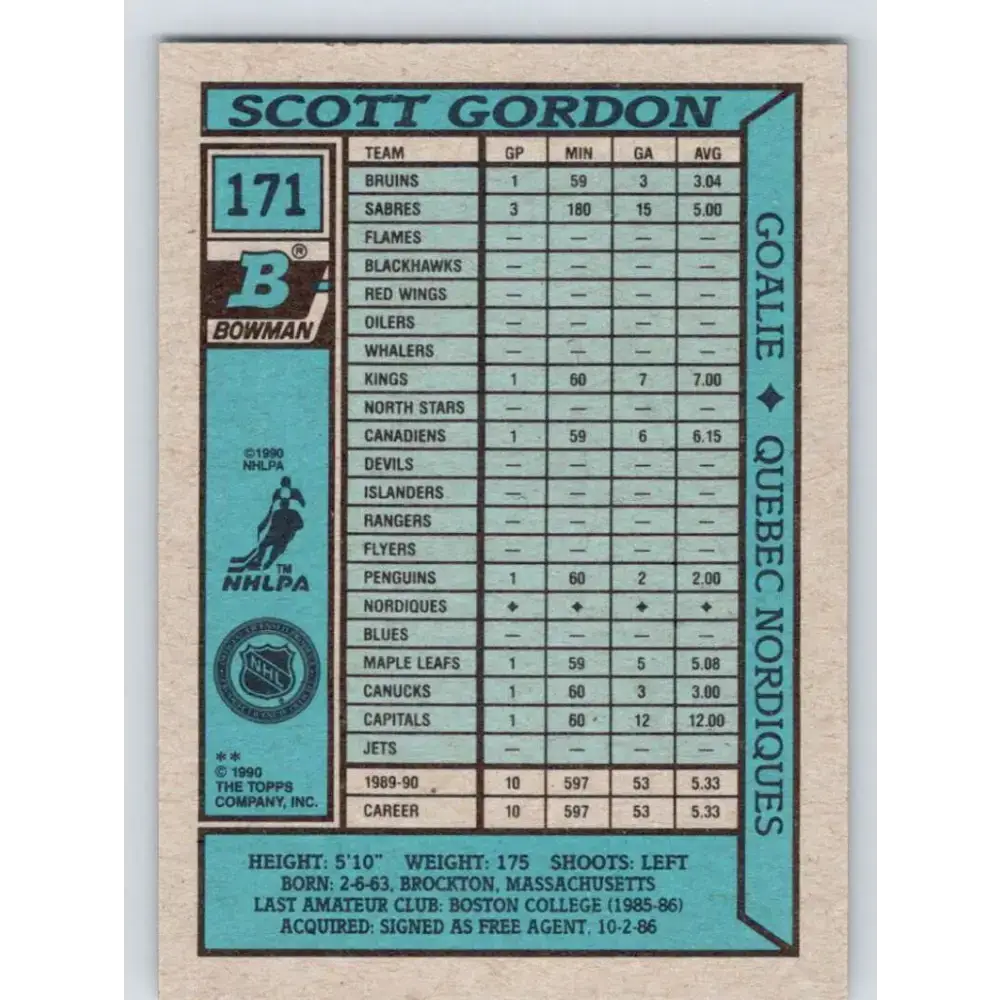 1990-91 Bowman #171 Scott Gordon NM-MT Quebec Nordiques Hockey Card - Hockey Card Single