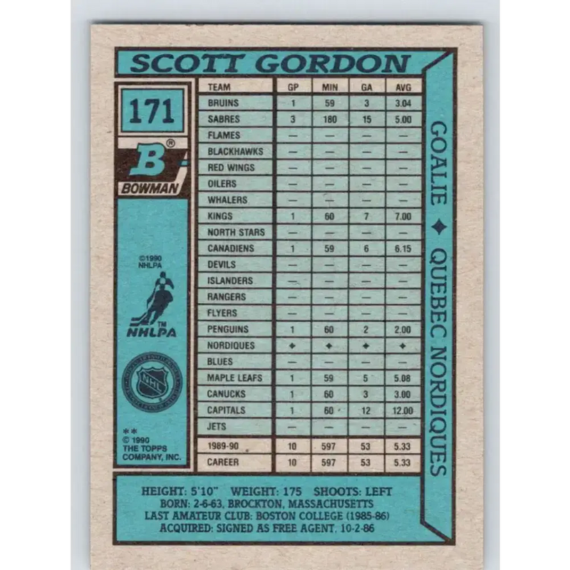 1990-91 Bowman #171 Scott Gordon NM-MT Quebec Nordiques Hockey Card - Hockey Card Single
