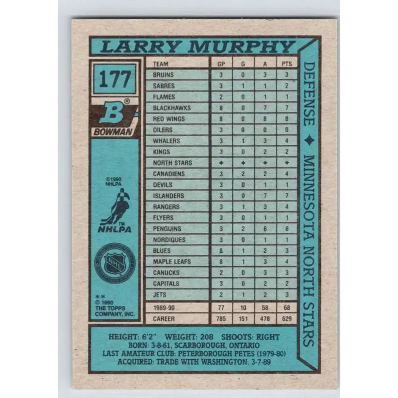 1990-91 Bowman #177 Larry Murphy NM-MT Minnesota North Stars Hockey Card - Hockey Card Single