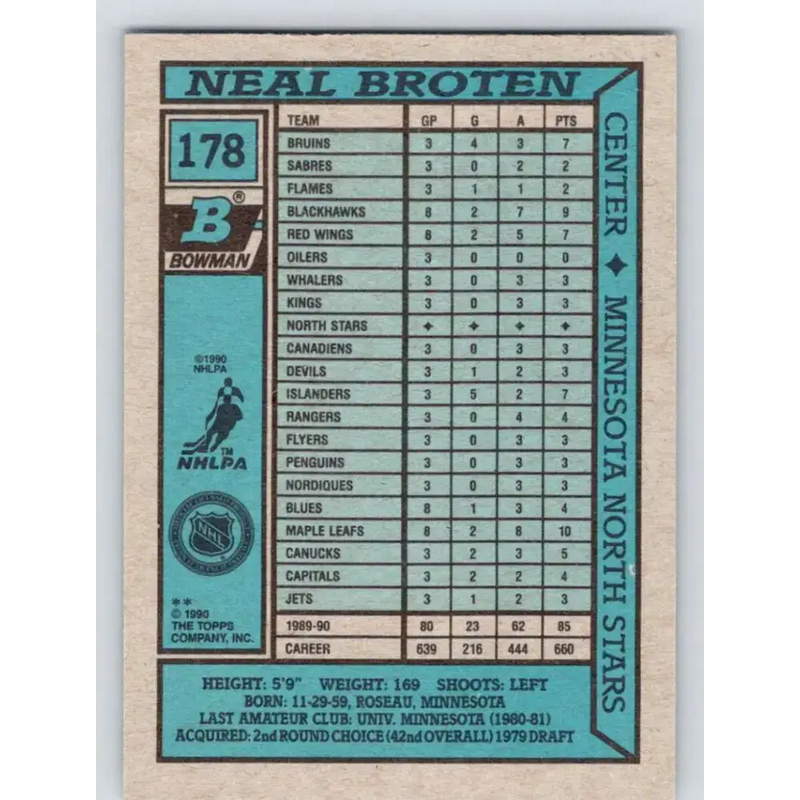 1990-91 Bowman #178 Neal Broten NM-MT Minnesota North Stars Hockey Card - Hockey Card Single