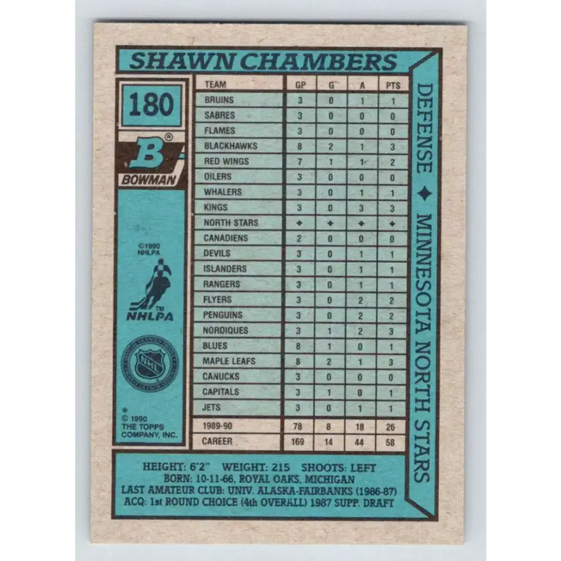 1990-91 Bowman #180 Shawn Chambers NM-MT Minnesota North Stars Hockey Card - Hockey Card Single