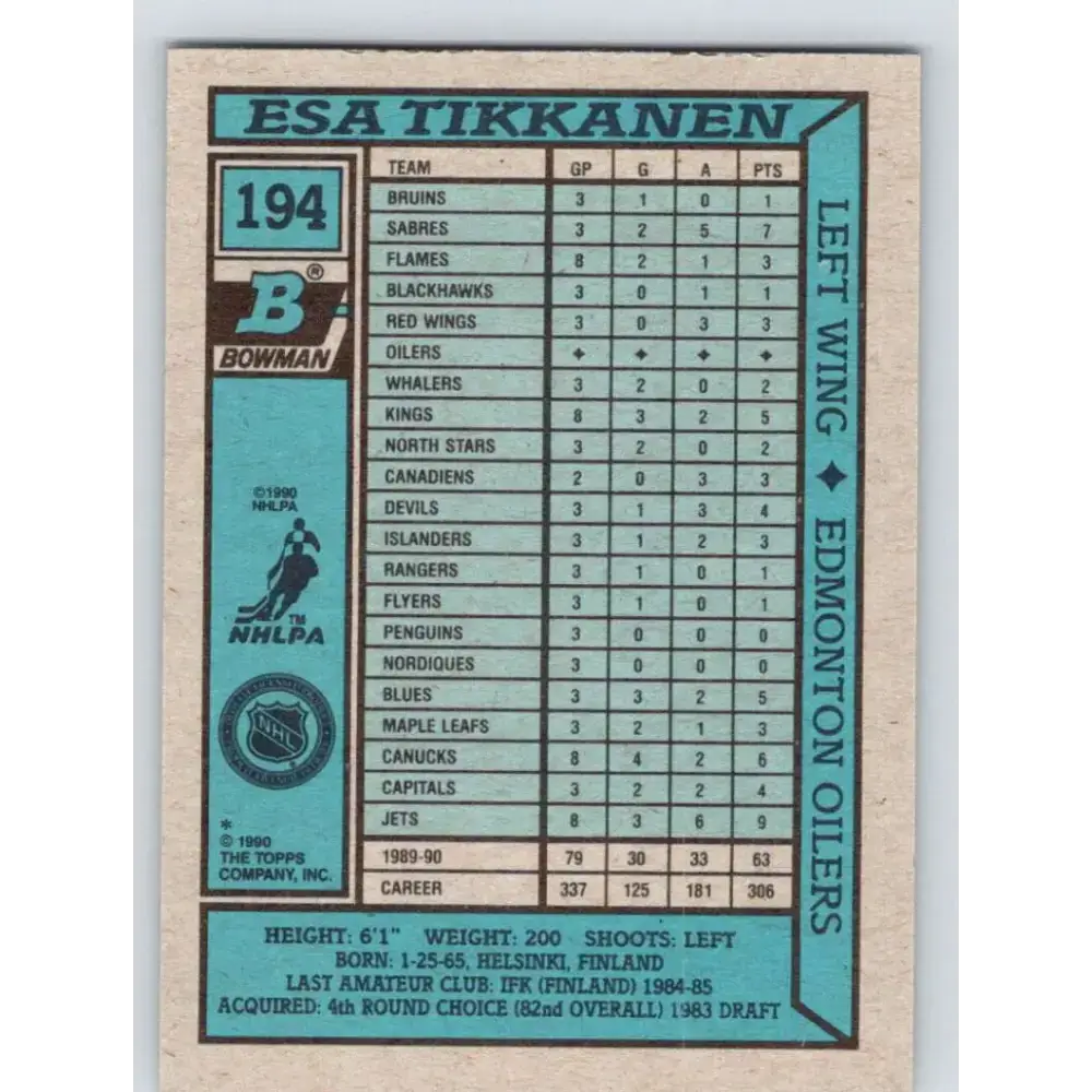 1990-91 Bowman #194 Esa Tikkanen NM-MT Edmonton Oilers Hockey Card - Hockey Card Single