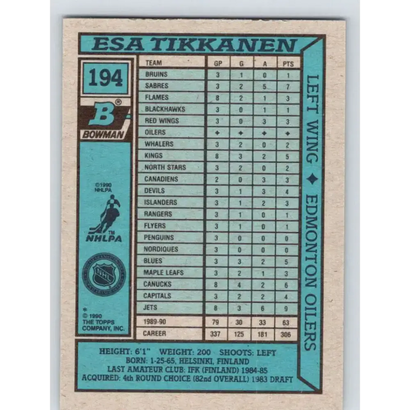 1990-91 Bowman #194 Esa Tikkanen NM-MT Edmonton Oilers Hockey Card - Hockey Card Single