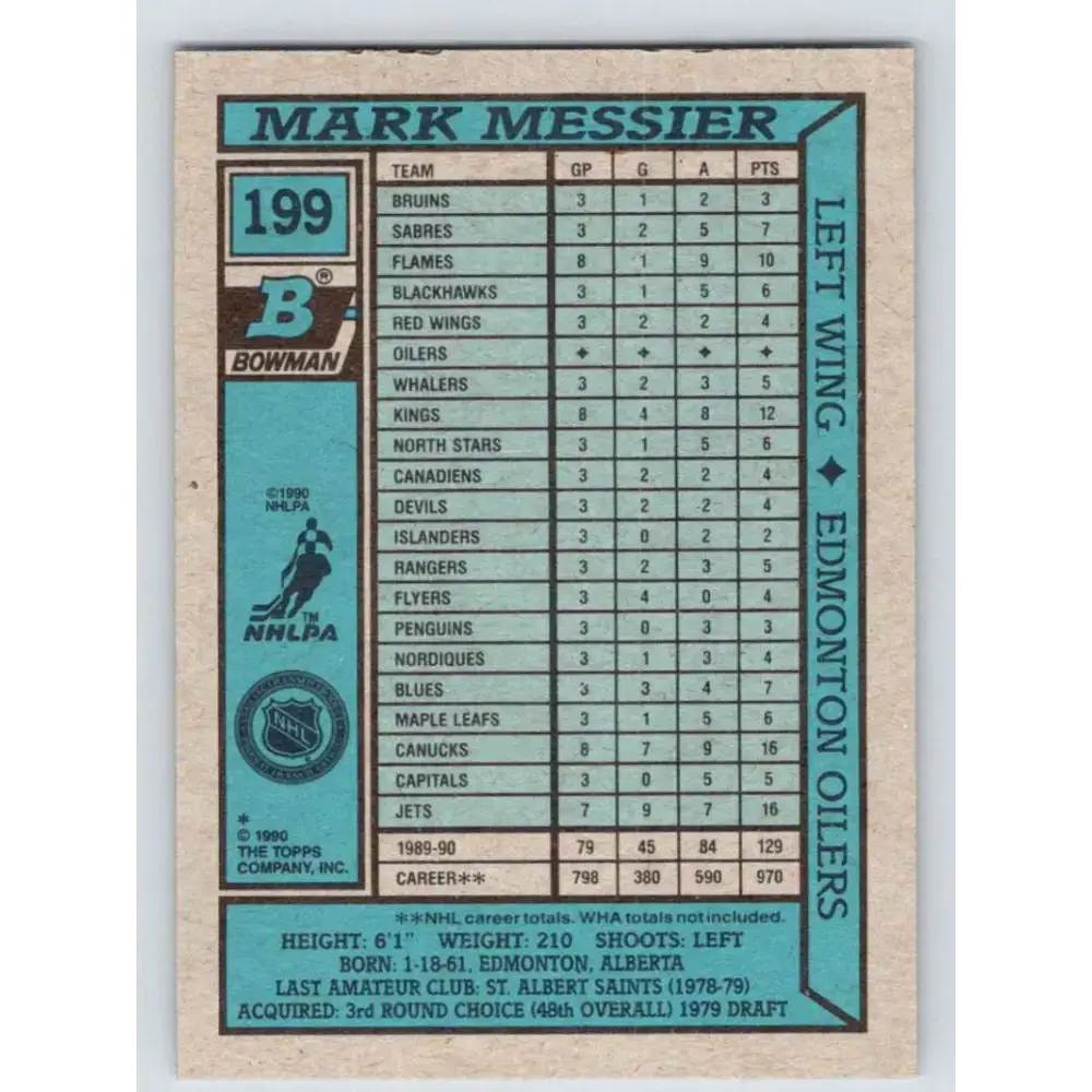 1990-91 Bowman #199 Mark Messier NM-MT Edmonton Oilers Hockey Card - Hockey Card Single
