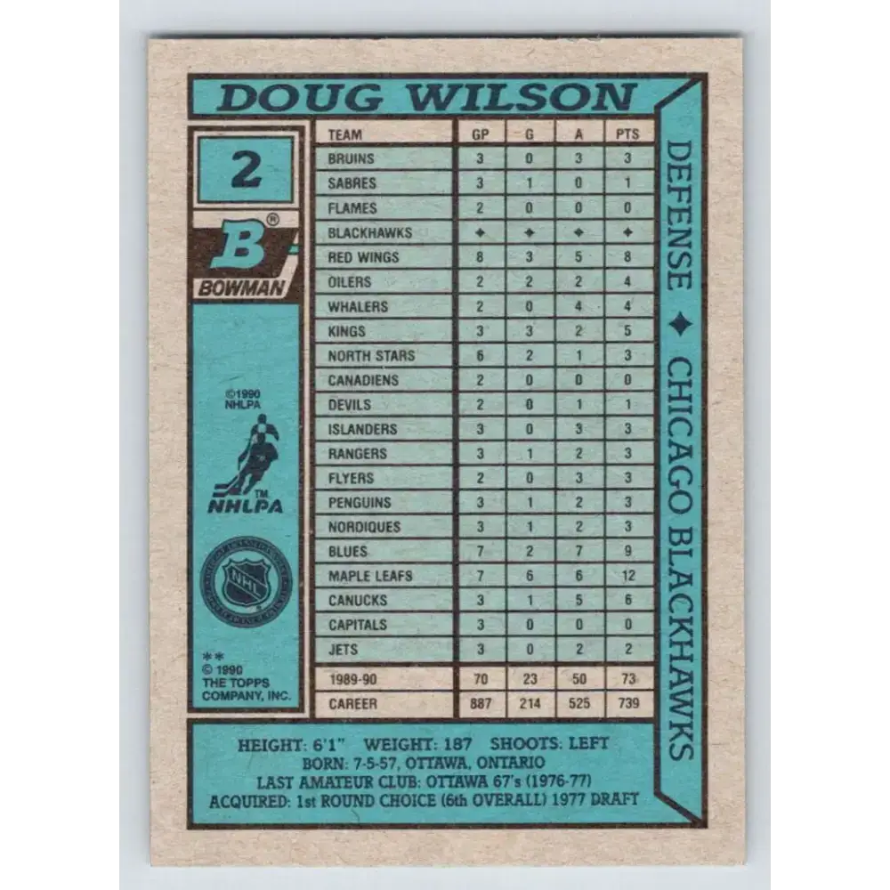 1990-91 Bowman #2 Doug Wilson NM-MT Chicago Blackhawks Hockey Card - Hockey Card Single
