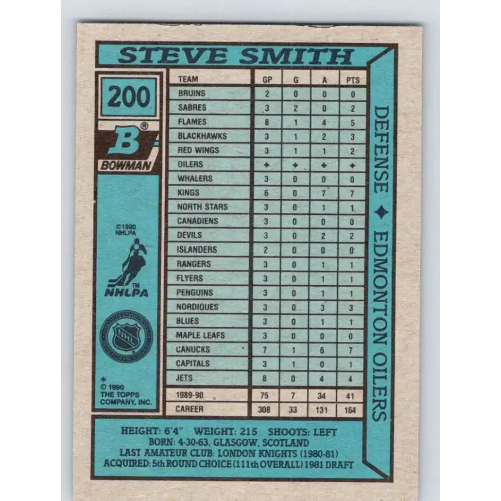 1990-91 Bowman #200 Steve Smith NM-MT Edmonton Oilers Hockey Card - Hockey Card Single