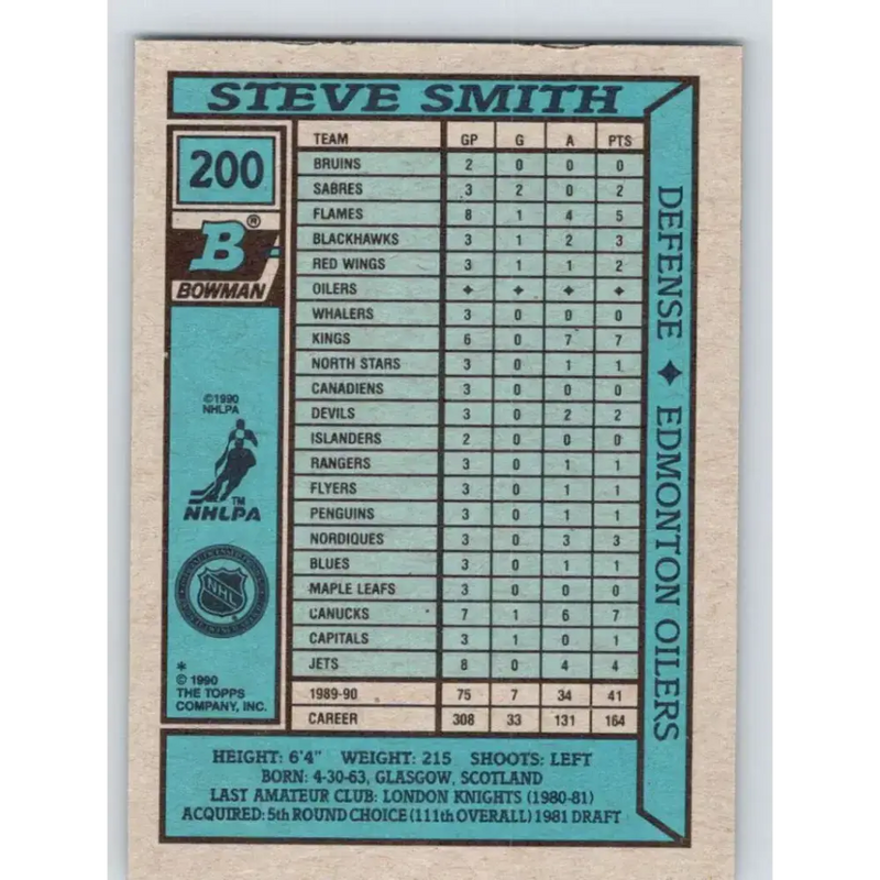1990-91 Bowman #200 Steve Smith NM-MT Edmonton Oilers Hockey Card - Hockey Card Single