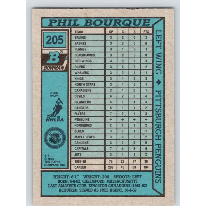 1990-91 Bowman #205 Phil Bourque NM-MT Pittsburgh Penguins Hockey Card