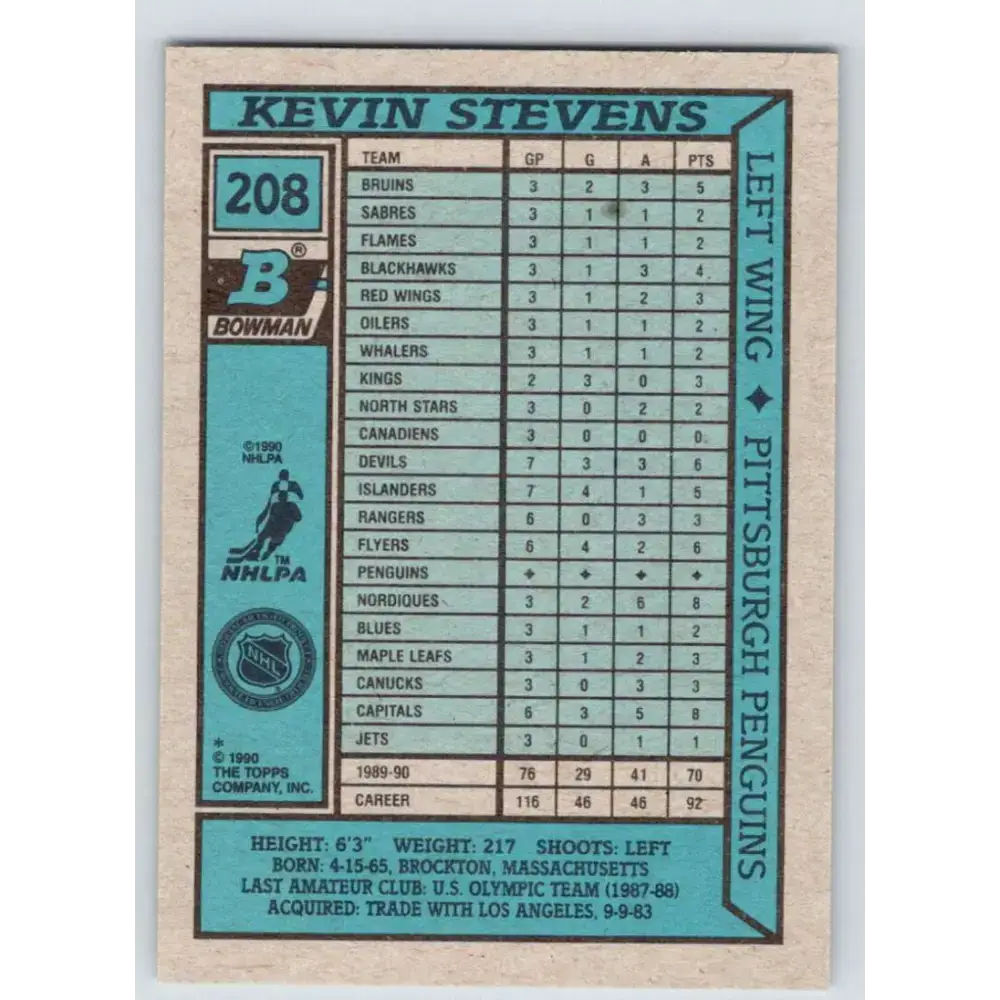 1990-91 Bowman #208 Kevin Stevens NM-MT RC Rookie Pittsburgh Penguins Hockey Card - Hockey Card Single