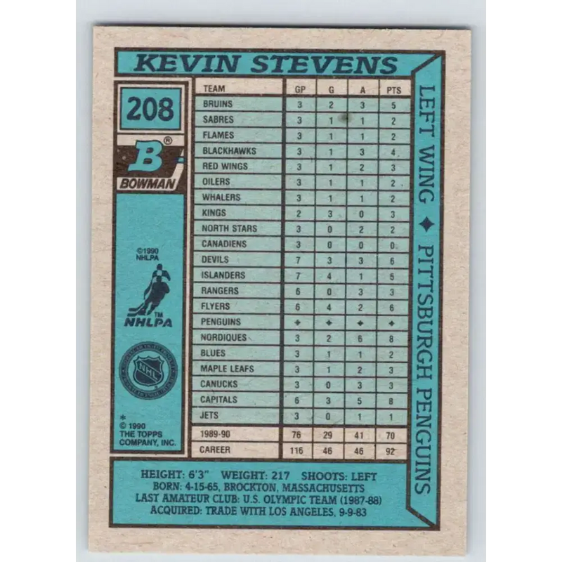 1990-91 Bowman #208 Kevin Stevens NM-MT RC Rookie Pittsburgh Penguins Hockey Card - Hockey Card Single