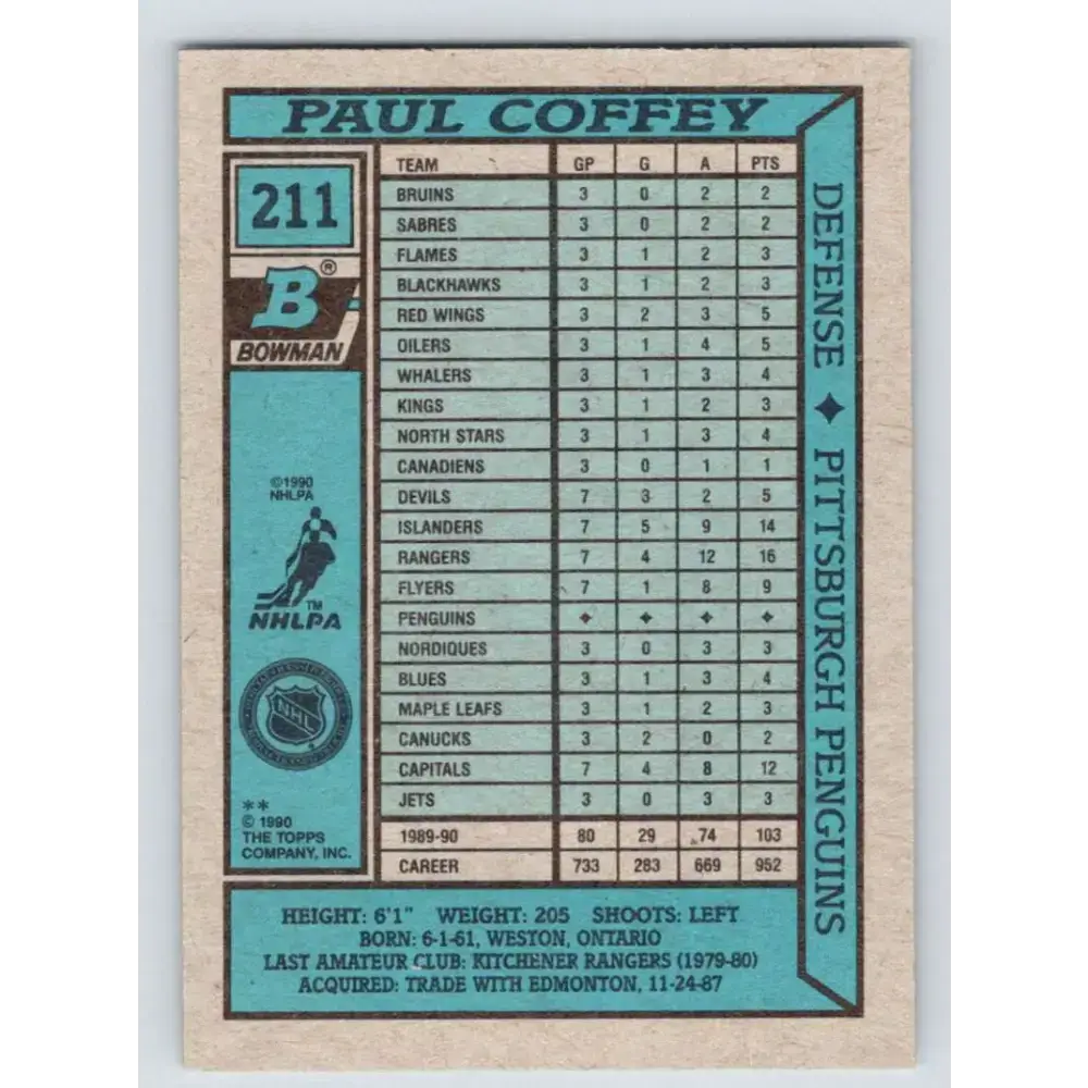 1990-91 Bowman #211 Paul Coffey NM-MT Pittsburgh Penguins Hockey Card - Hockey Card Single
