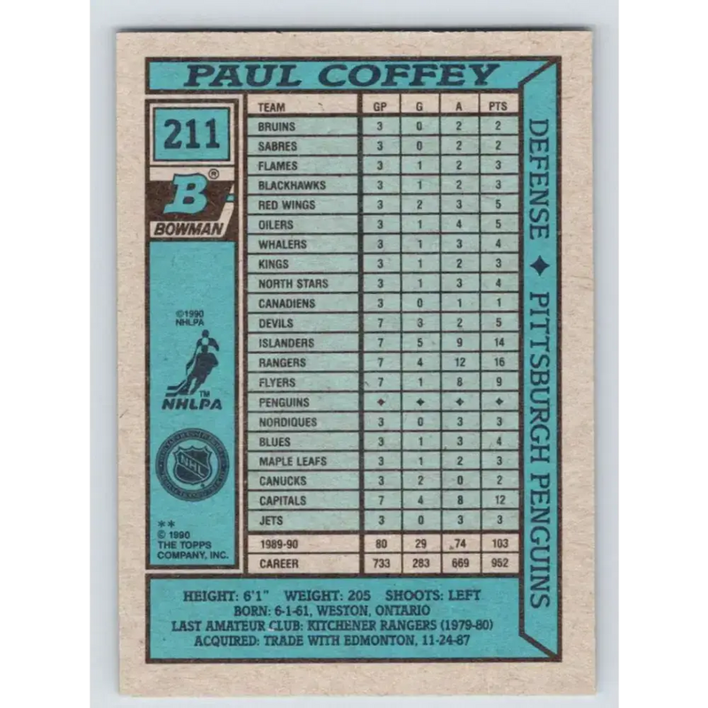 1990-91 Bowman #211 Paul Coffey NM-MT Pittsburgh Penguins Hockey Card - Hockey Card Single