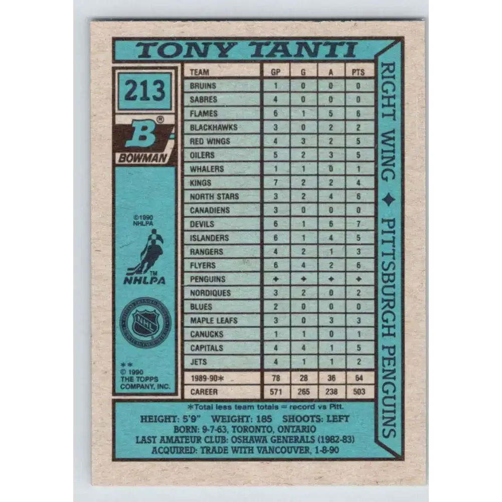1990-91 Bowman #213 Tony Tanti NM-MT Pittsburgh Penguins Hockey Card - Hockey Card Single