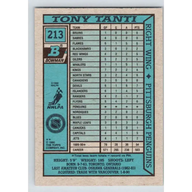 1990-91 Bowman #213 Tony Tanti NM-MT Pittsburgh Penguins Hockey Card - Hockey Card Single