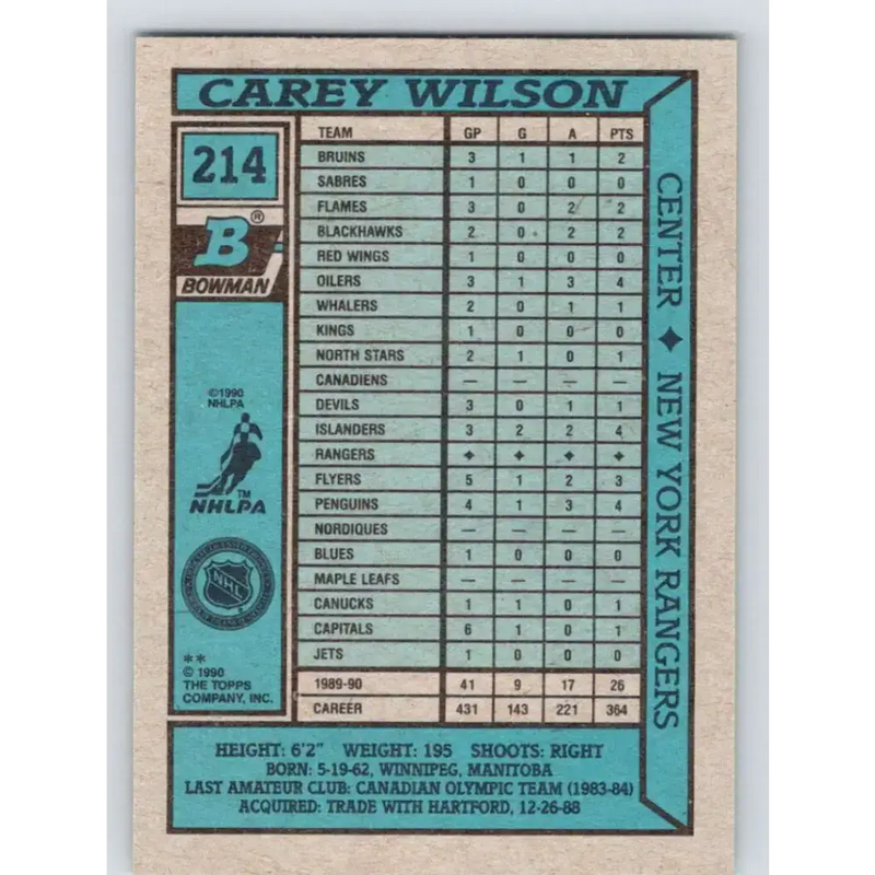1990-91 Bowman #214 Carey Wilson NM-MT New York Rangers Hockey Card