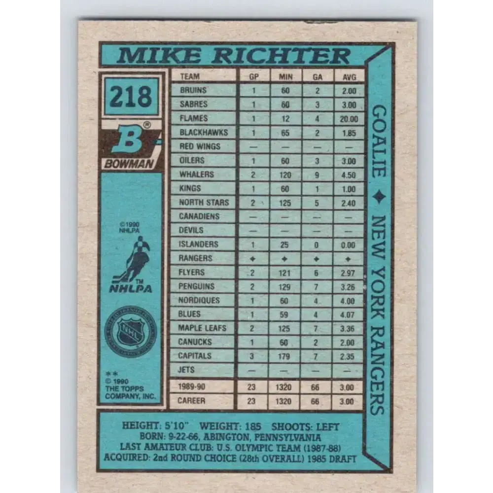 1990-91 Bowman #218 Mike Richter NM-MT RC Rookie New York Rangers Hockey Card - Hockey Card Single