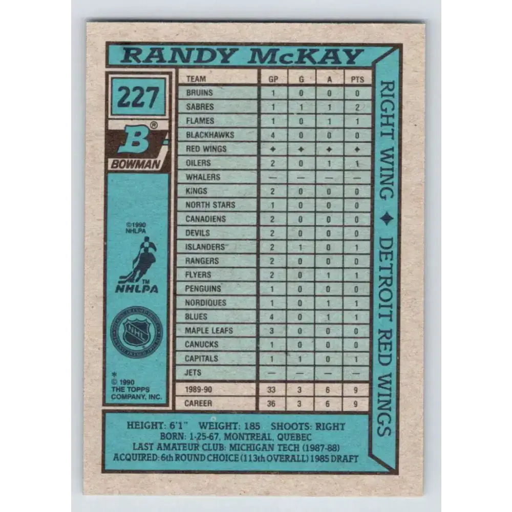 1990-91 Bowman #227 Randy McKay NM-MT Detroit Red Wings Hockey Card - Hockey Card Single