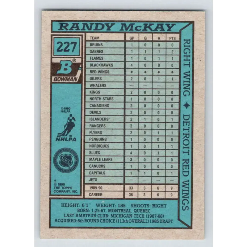 1990-91 Bowman #227 Randy McKay NM-MT Detroit Red Wings Hockey Card - Hockey Card Single