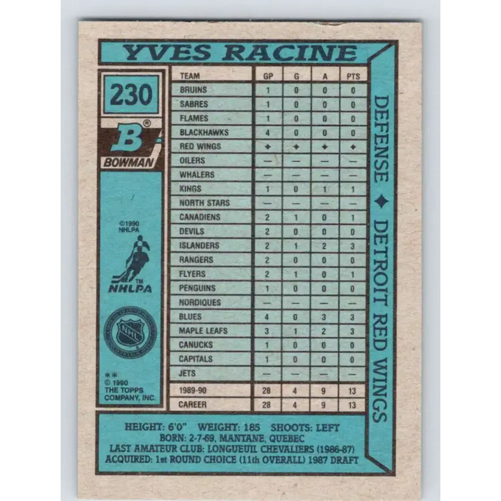 1990-91 Bowman #230 Yves Racine NM-MT RC Rookie Detroit Red Wings Hockey Card - Hockey Card Single