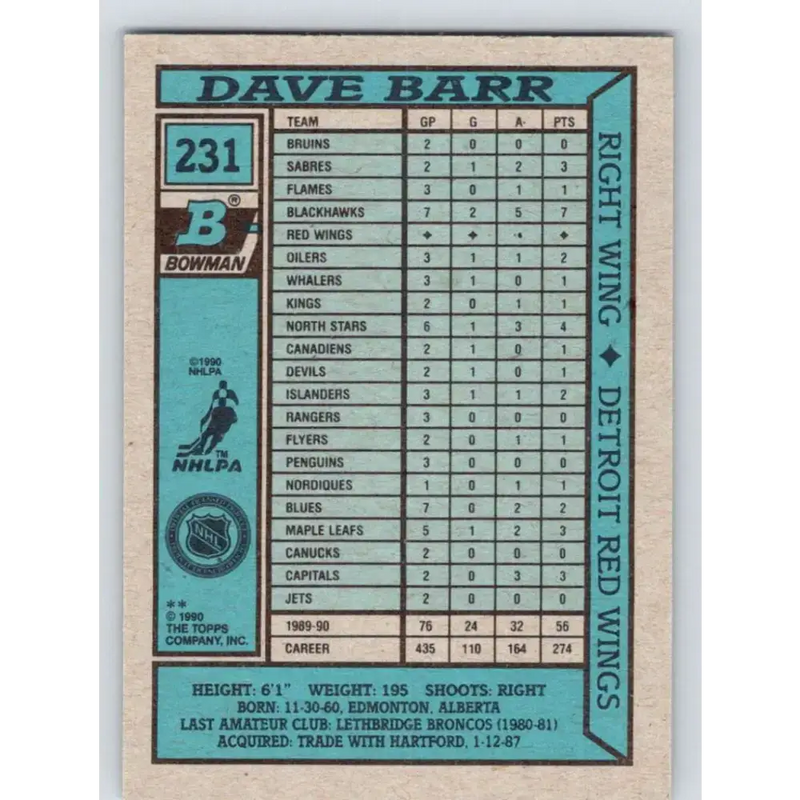 1990-91 Bowman #231 Dave Barr NM-MT Detroit Red Wings Hockey Card - Hockey Card Single
