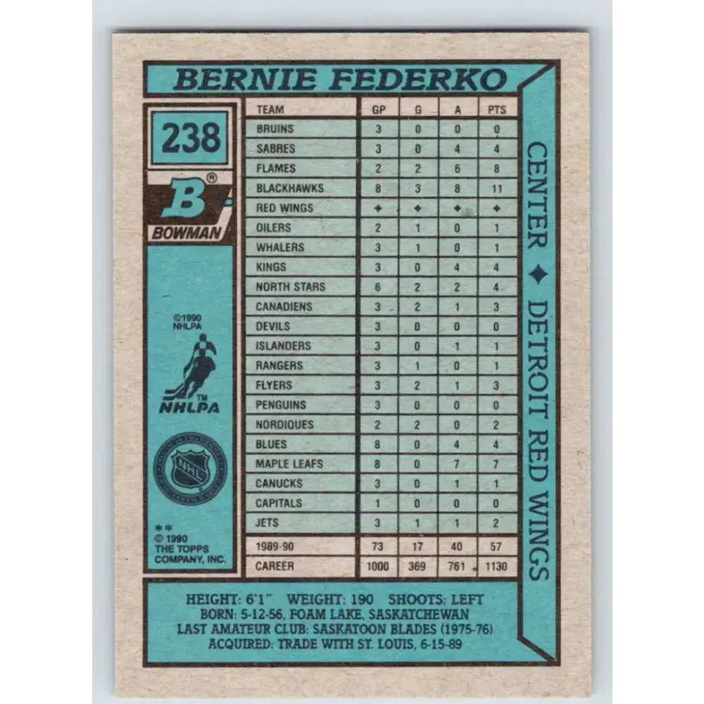 1990-91 Bowman #238 Bernie Federko NM-MT Detroit Red Wings Hockey Card - Hockey Card Single