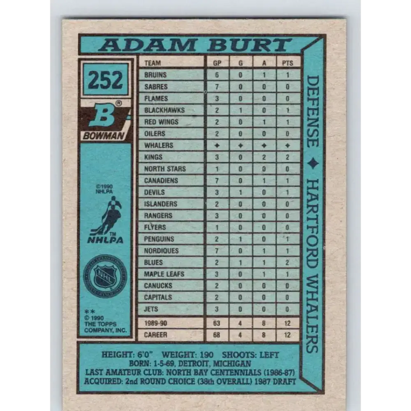 1990-91 Bowman #252 Adam Burt NM-MT RC Rookie Hartford Whalers Hockey Card - Hockey Card Single