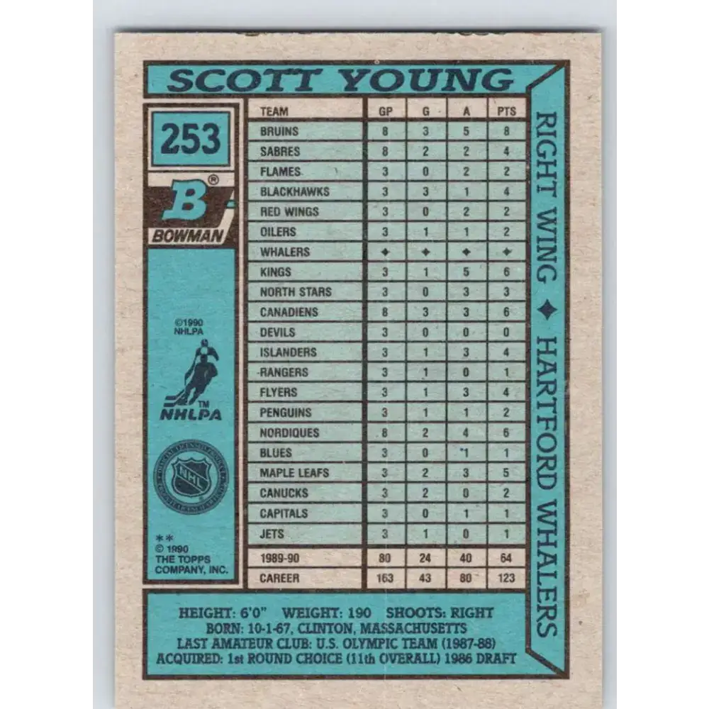 1990-91 Bowman #253 Scott Young NM-MT Hartford Whalers Hockey Card - Hockey Card Single