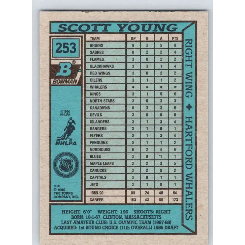 1990-91 Bowman #253 Scott Young NM-MT Hartford Whalers Hockey Card - Hockey Card Single