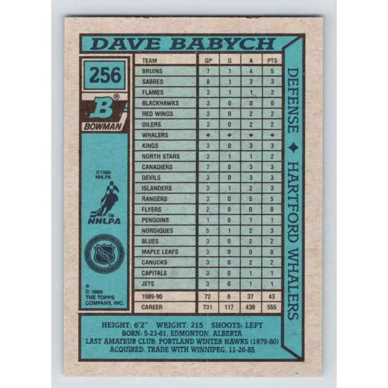 1990-91 Bowman #256 Dave Babych NM-MT Hartford Whalers Hockey Card - Hockey Card Single