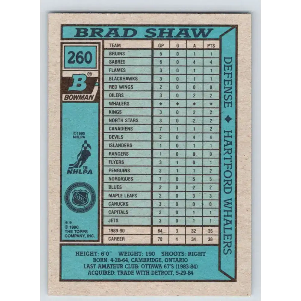1990-91 Bowman #260 Brad Shaw NM-MT Hartford Whalers Hockey Card - Hockey Card Single