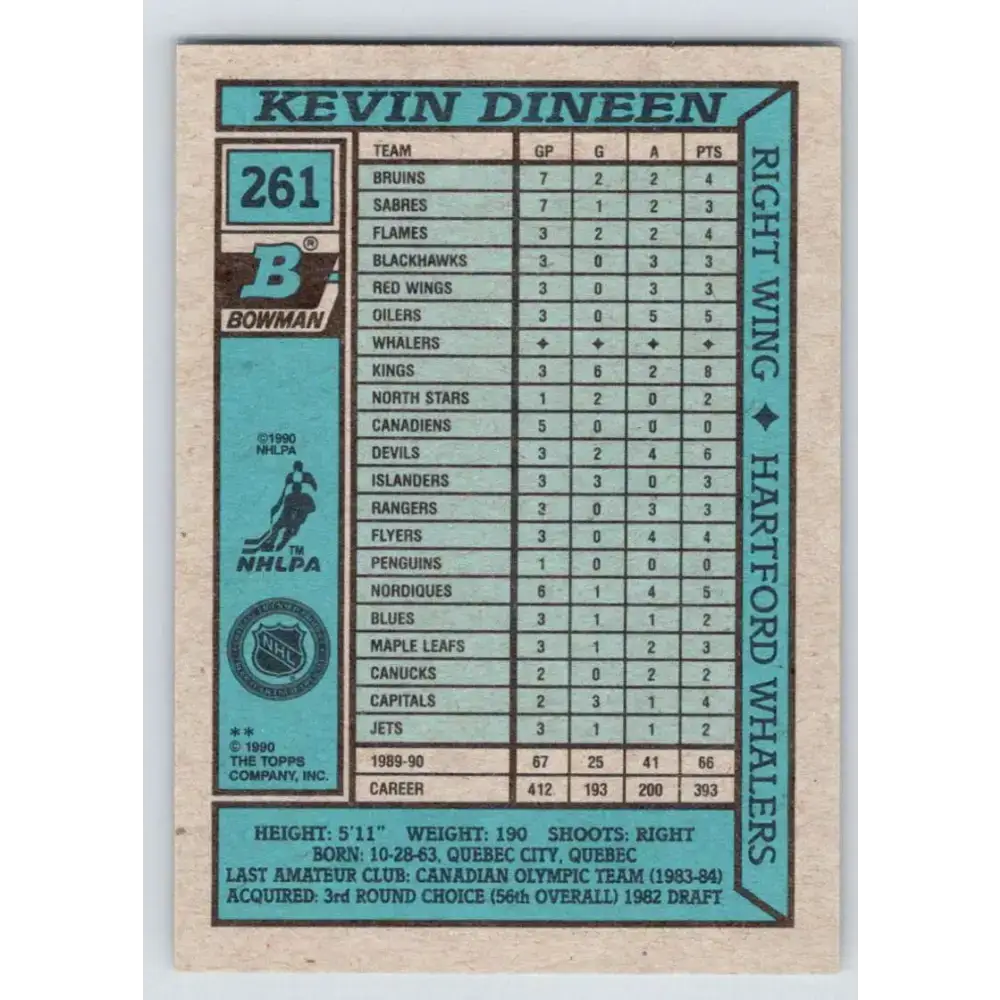 1990-91 Bowman #261 Kevin Dineen NM-MT Hartford Whalers Hockey Card - Hockey Card Single